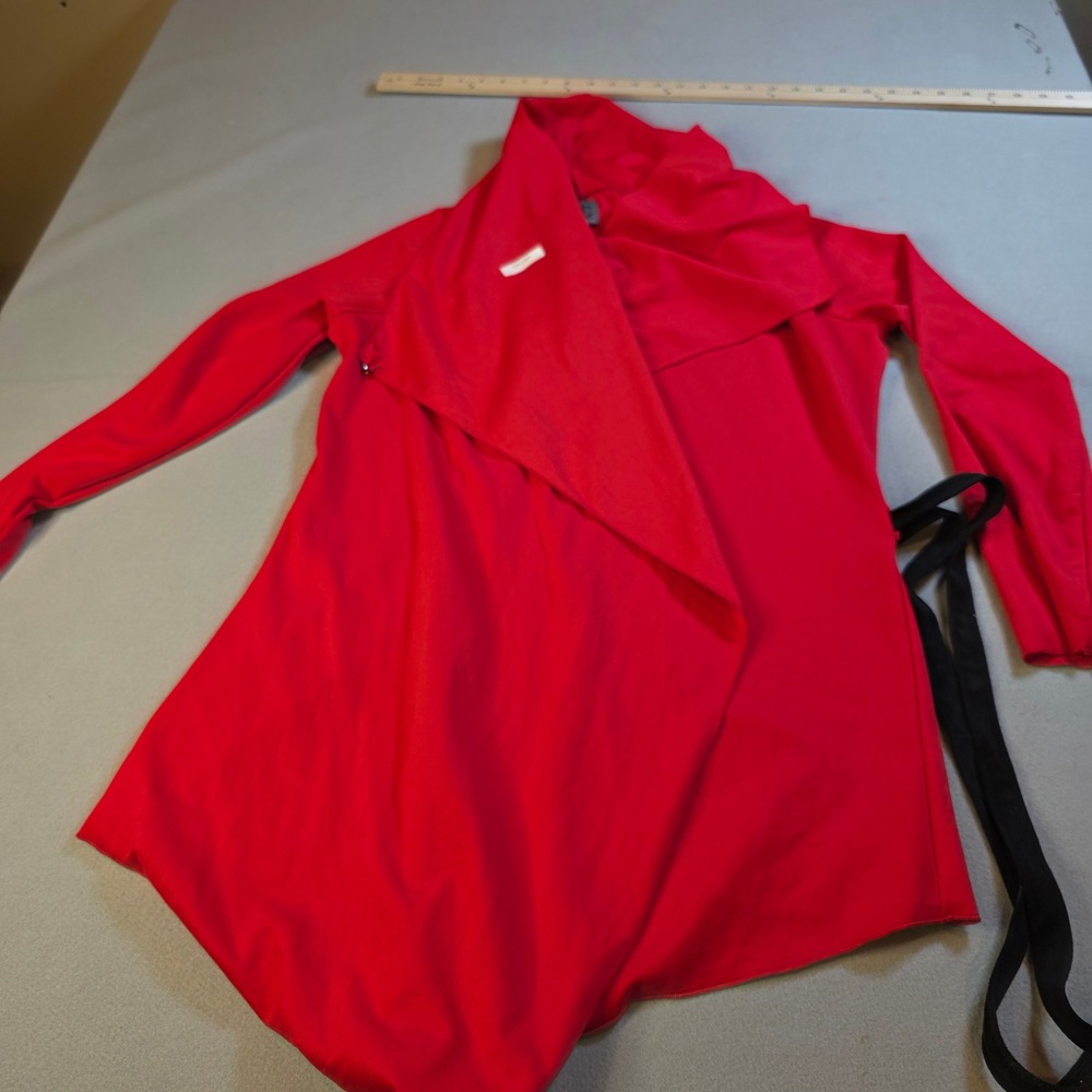 Queen Collection Red Draped Open Front Wrap Cardigan with Black Belt Size Medium
